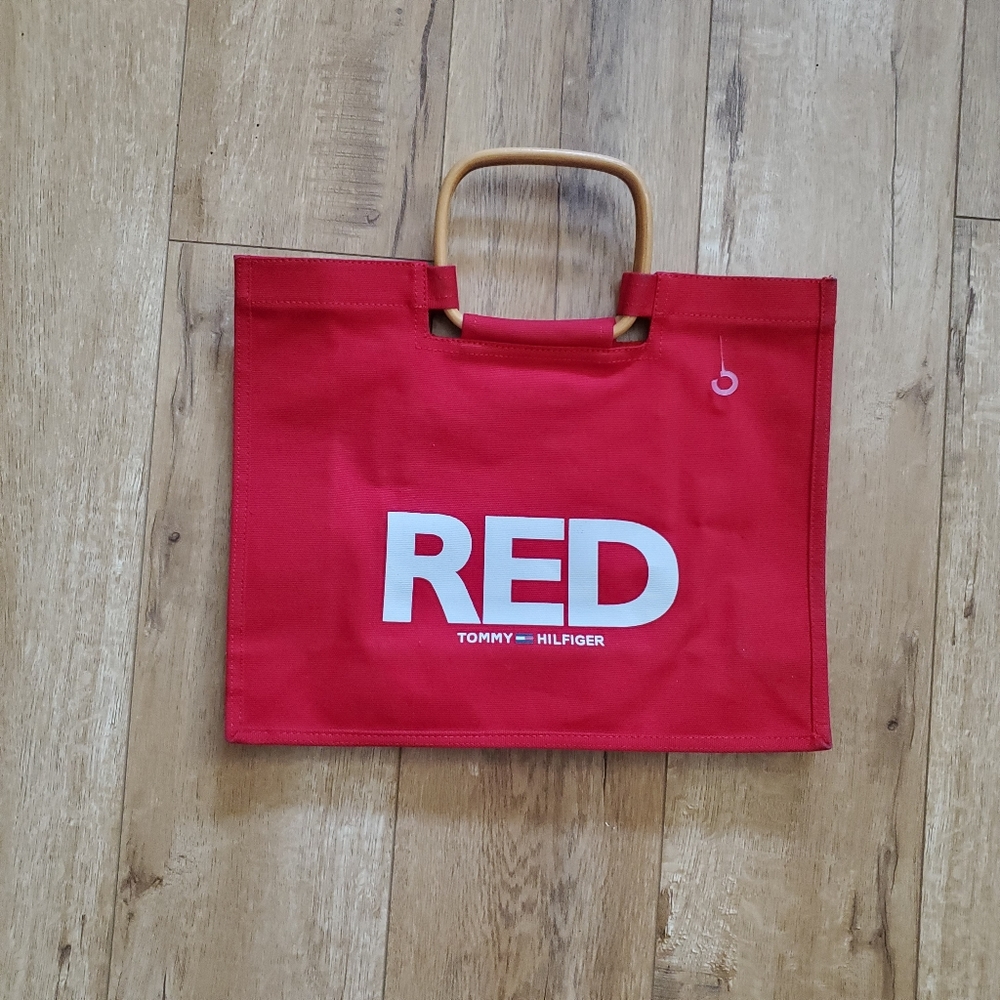 RARE New Tommy Hilfiger Red Medium Canvas Tote Bag Purse Wood handles 14x11x4.5"